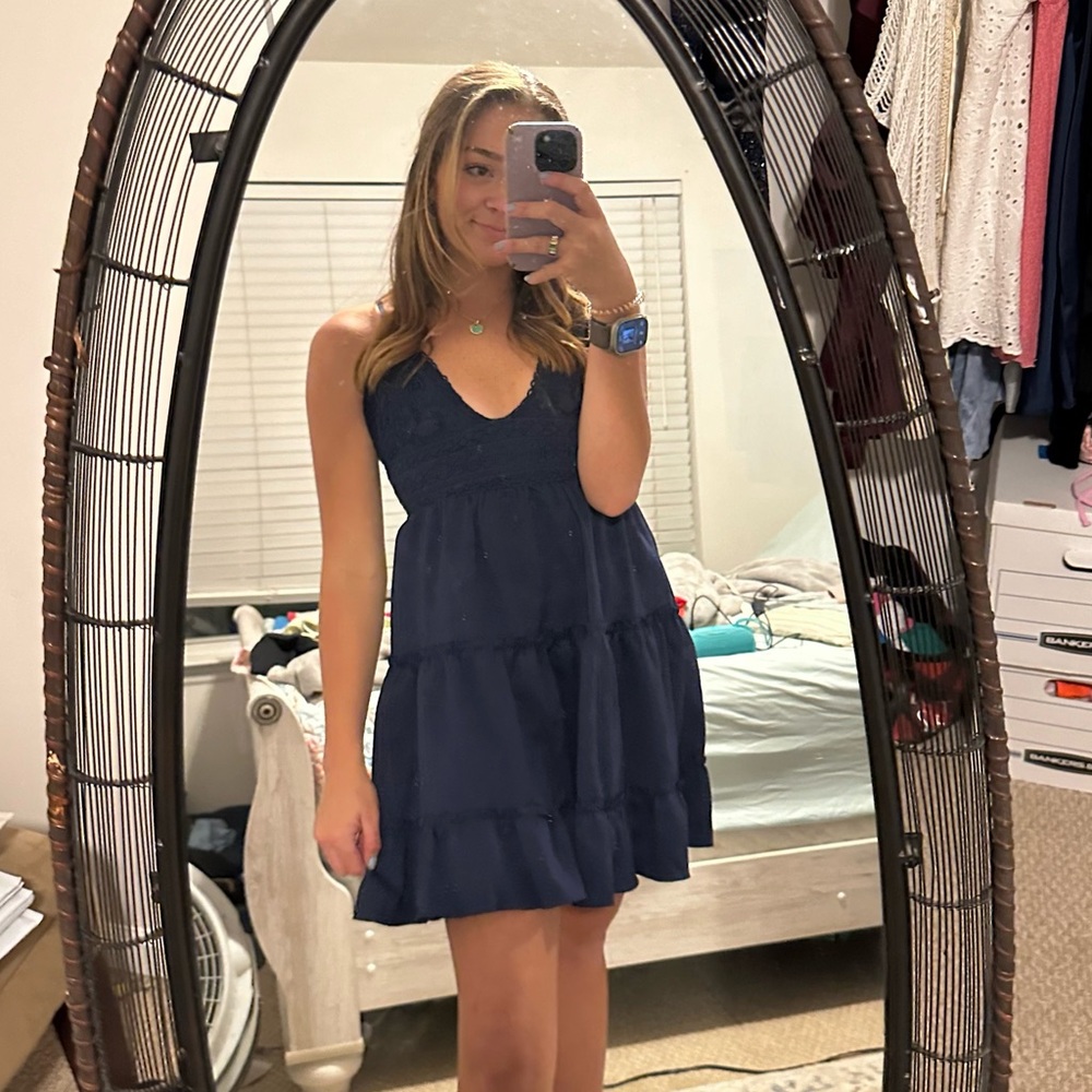 Navy Blue Spaghetti Strap Ruffle Flowy Mini Sundress S